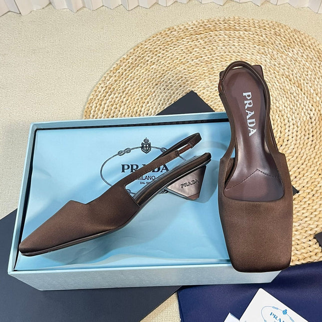 PRA SQUARE TOE SLINGBACK PUMPS CHOCOLATE SATIN