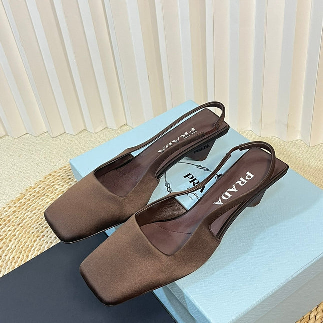 PRA SQUARE TOE SLINGBACK PUMPS CHOCOLATE SATIN