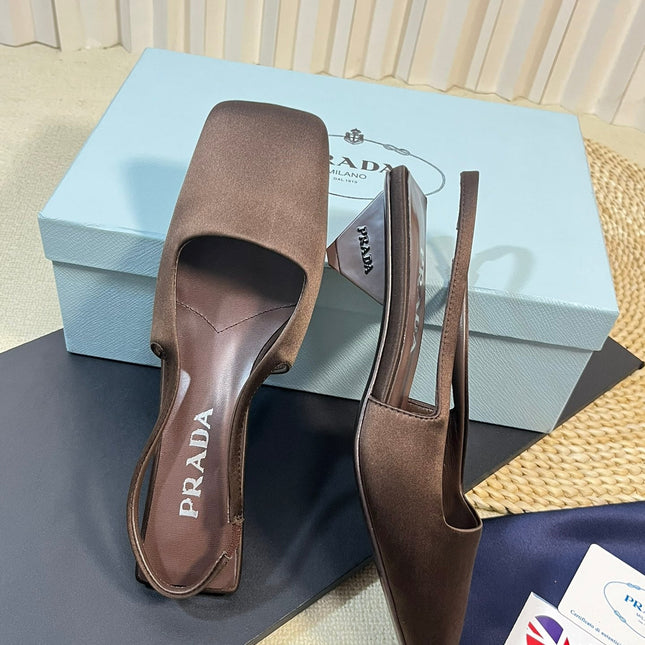 PRA SQUARE TOE SLINGBACK PUMPS CHOCOLATE SATIN