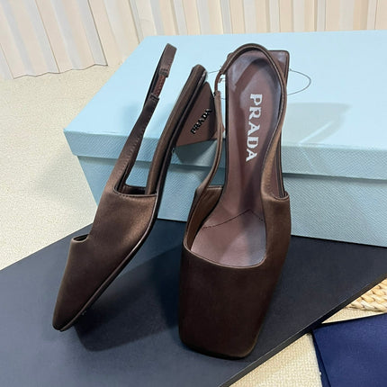 PRA SQUARE TOE SLINGBACK PUMPS CHOCOLATE SATIN
