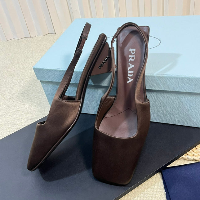 PRA SQUARE TOE SLINGBACK PUMPS CHOCOLATE SATIN
