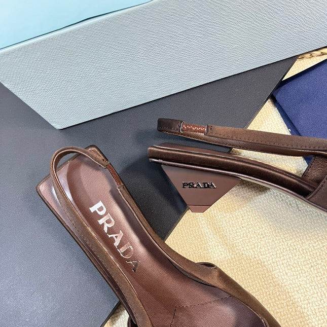 PRA SQUARE TOE SLINGBACK PUMPS CHOCOLATE SATIN