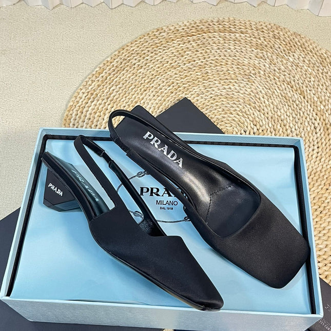 PRA SQUARE TOE SLINGBACK PUMPS BLACK SATIN