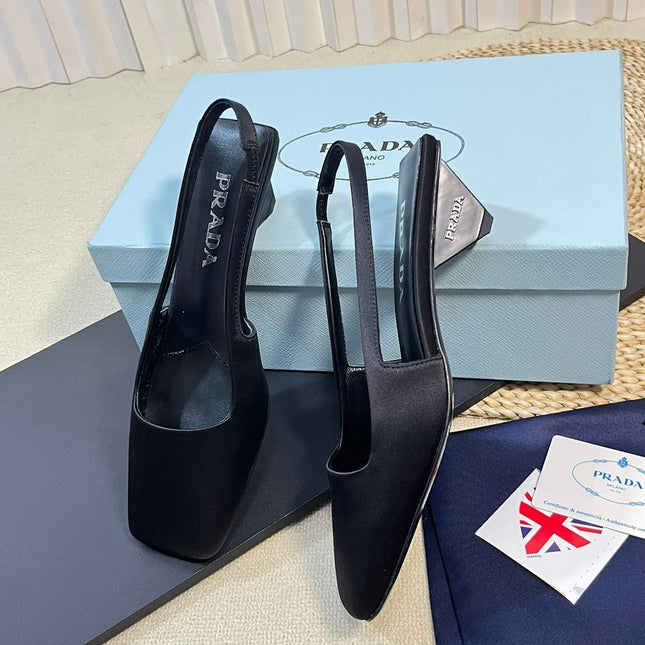 PRA SQUARE TOE SLINGBACK PUMPS BLACK SATIN