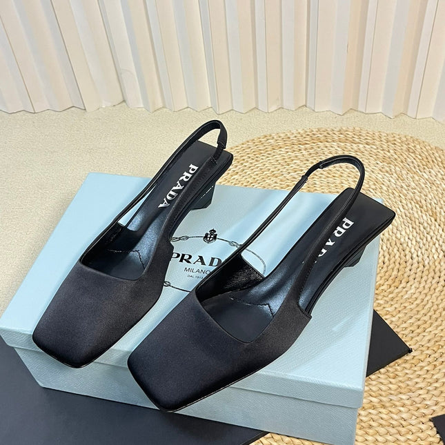 PRA SQUARE TOE SLINGBACK PUMPS BLACK SATIN