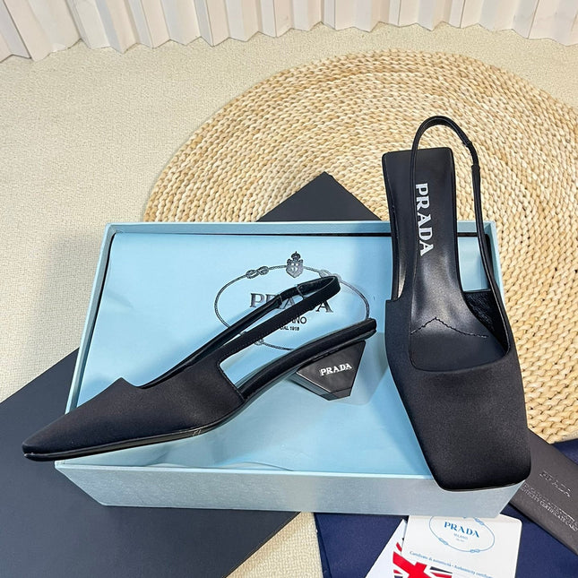 PRA SQUARE TOE SLINGBACK PUMPS BLACK SATIN