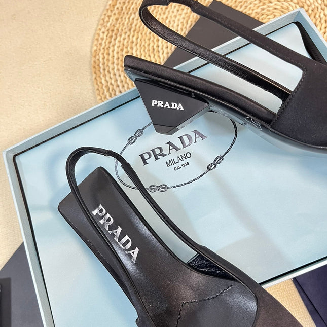 PRA SQUARE TOE SLINGBACK PUMPS BLACK SATIN