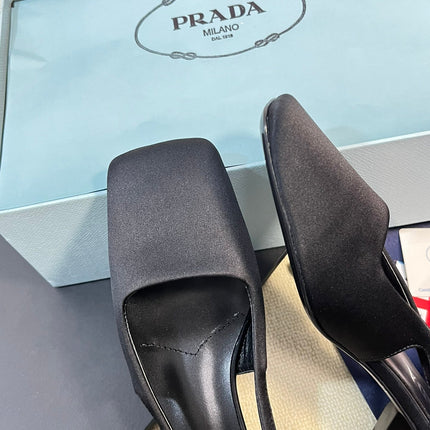PRA SQUARE TOE SLINGBACK PUMPS BLACK SATIN