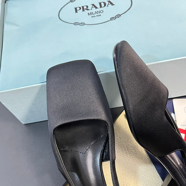 PRA SQUARE TOE SLINGBACK PUMPS BLACK SATIN