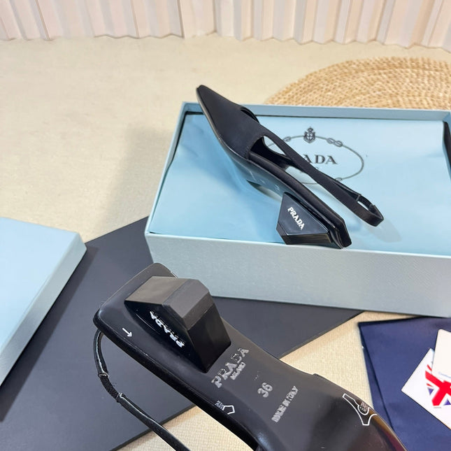 PRA SQUARE TOE SLINGBACK PUMPS BLACK SATIN