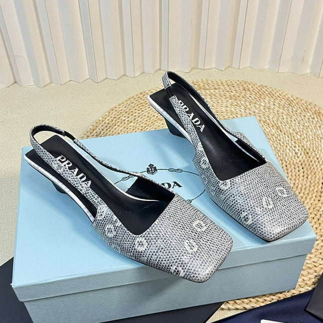 PRA SQUARE TOE SLINGBACK PUMPS PALE SNAKESKIN MOTIF SATIN