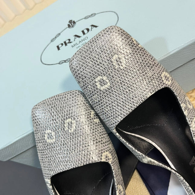 PRA SQUARE TOE SLINGBACK PUMPS PALE SNAKESKIN MOTIF SATIN