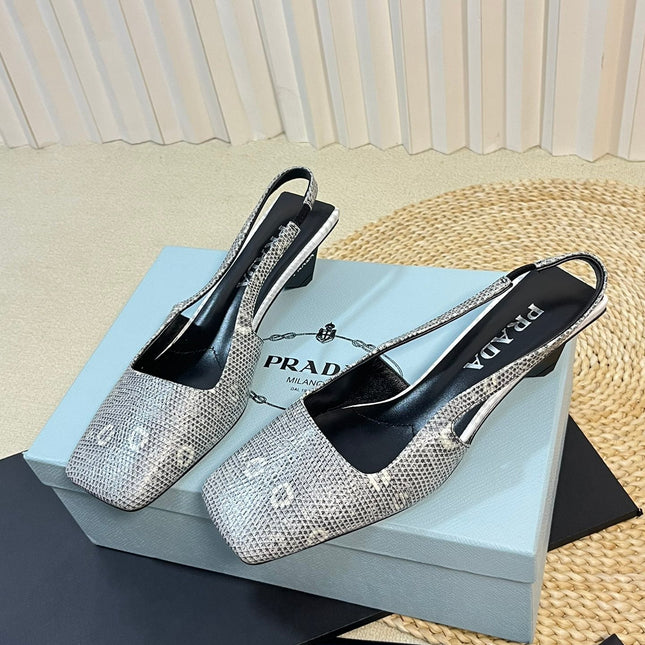 PRA SQUARE TOE SLINGBACK PUMPS PALE SNAKESKIN MOTIF SATIN