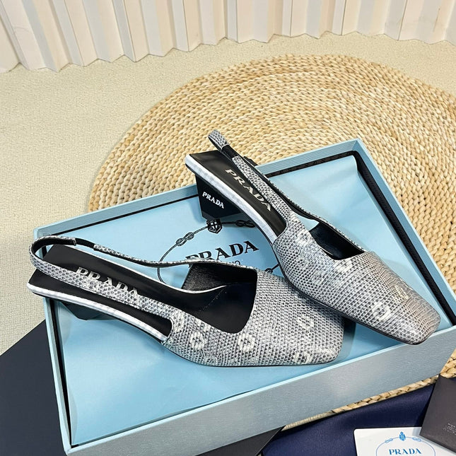 PRA SQUARE TOE SLINGBACK PUMPS PALE SNAKESKIN MOTIF SATIN