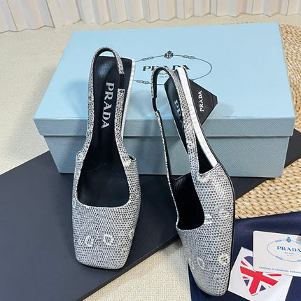 PRA SQUARE TOE SLINGBACK PUMPS PALE SNAKESKIN MOTIF SATIN