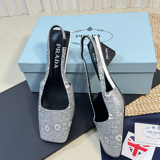 PRA SQUARE TOE SLINGBACK PUMPS PALE SNAKESKIN MOTIF SATIN