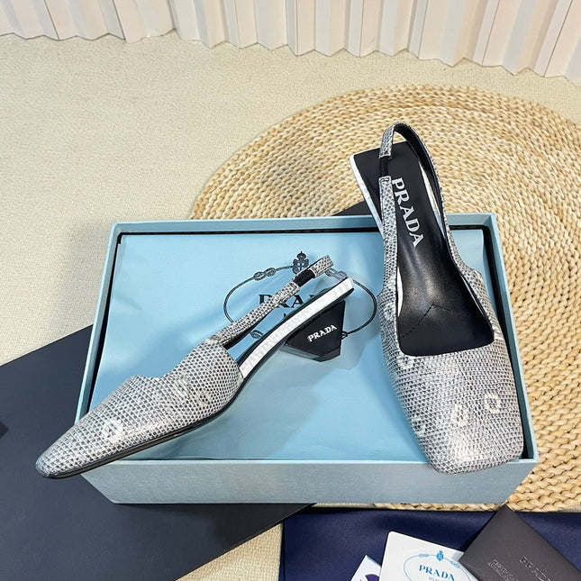 PRA SQUARE TOE SLINGBACK PUMPS PALE SNAKESKIN MOTIF SATIN