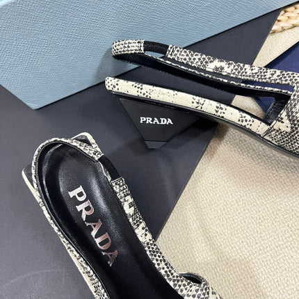 PRA SQUARE TOE SLINGBACK PUMPS SNAKESKIN MOTIF SATIN