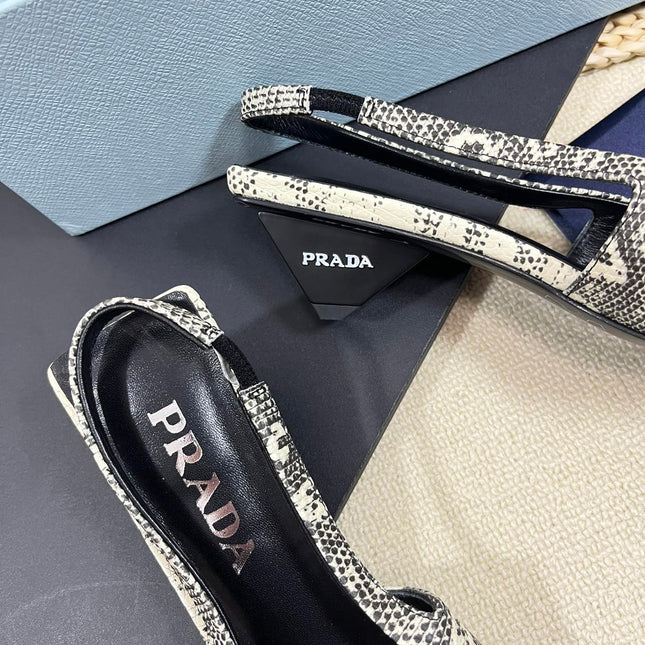 PRA SQUARE TOE SLINGBACK PUMPS SNAKESKIN MOTIF SATIN