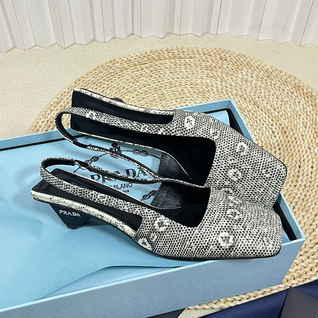 PRA SQUARE TOE SLINGBACK PUMPS SNAKESKIN MOTIF SATIN