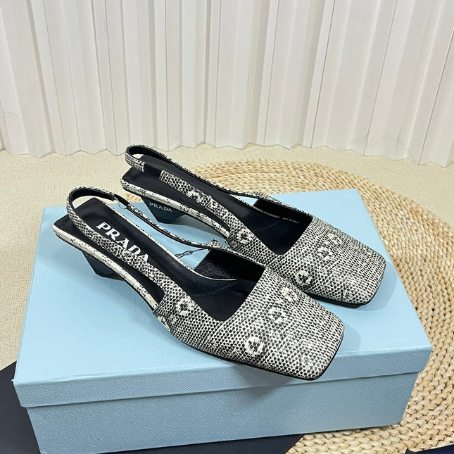 PRA SQUARE TOE SLINGBACK PUMPS SNAKESKIN MOTIF SATIN