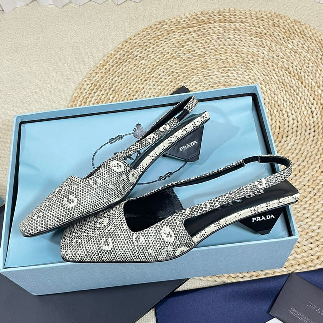 PRA SQUARE TOE SLINGBACK PUMPS SNAKESKIN MOTIF SATIN