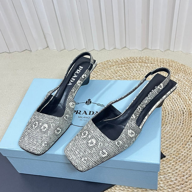 PRA SQUARE TOE SLINGBACK PUMPS SNAKESKIN MOTIF SATIN