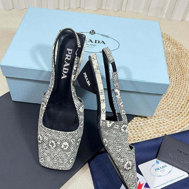 PRA SQUARE TOE SLINGBACK PUMPS SNAKESKIN MOTIF SATIN