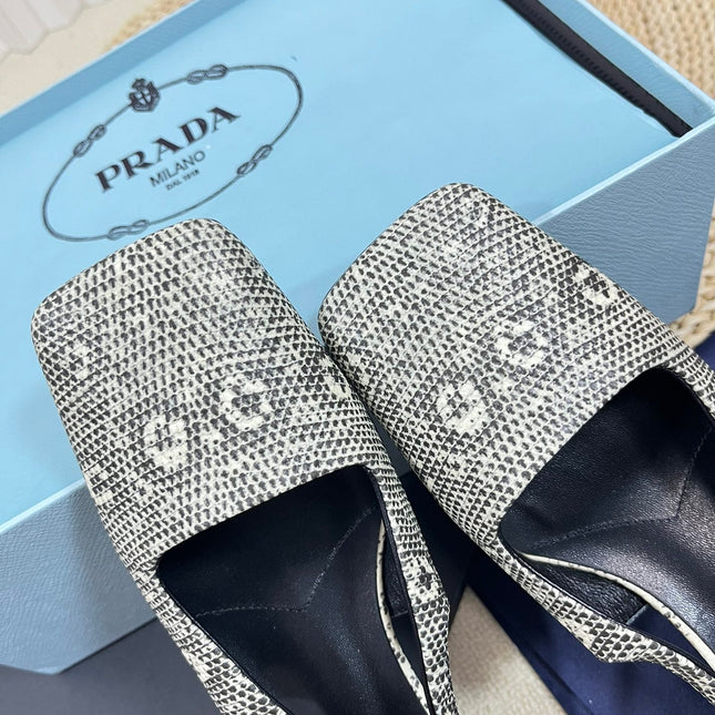 PRA SQUARE TOE SLINGBACK PUMPS SNAKESKIN MOTIF SATIN