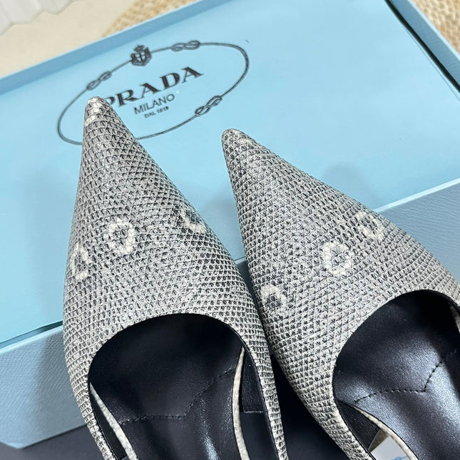 PRA POINTED TOE SLINGBACK PUMPS SNAKESKIN MOTIF SATIN