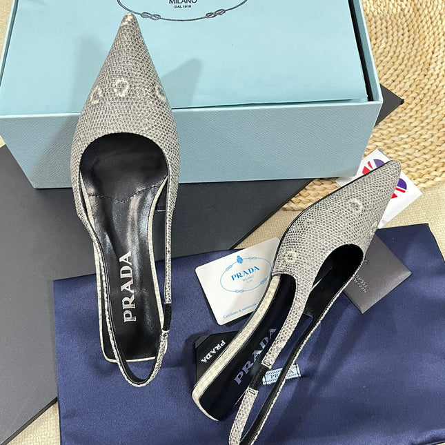 PRA POINTED TOE SLINGBACK PUMPS SNAKESKIN MOTIF SATIN