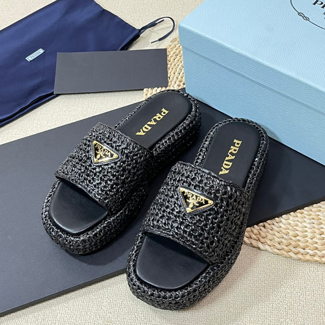 PRA CROCHET FLATFORM SLIDES BLACK RAFFIA