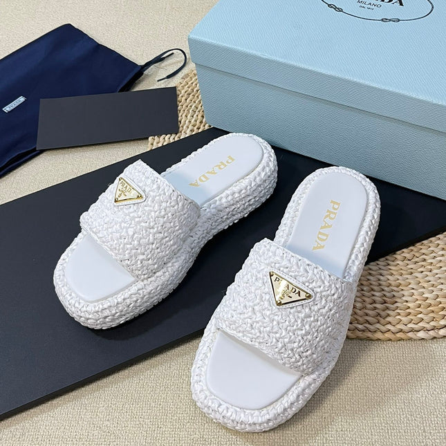 PRA CROCHET FLATFORM SLIDES WHITE RAFFIA