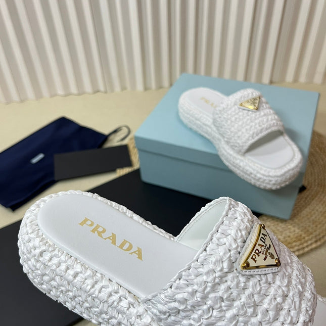 PRA CROCHET FLATFORM SLIDES WHITE RAFFIA