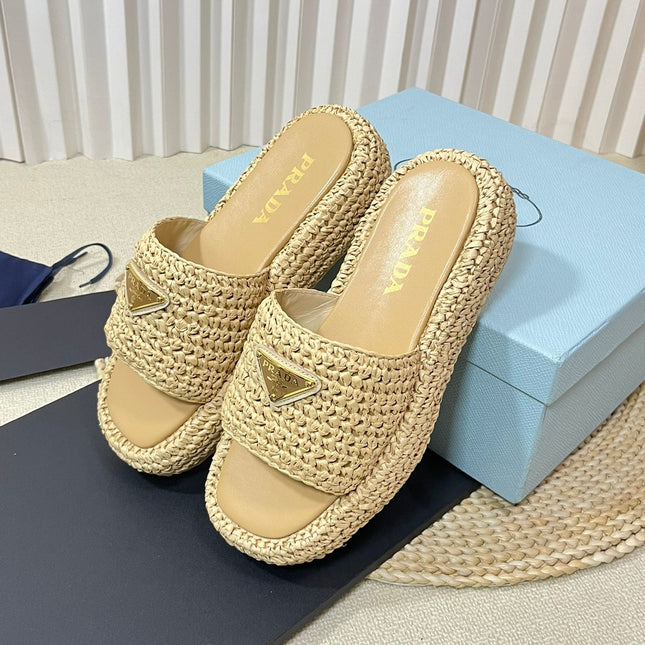 PRA WEDGE FLATFORM SLIDES BEIGE RAFFIA