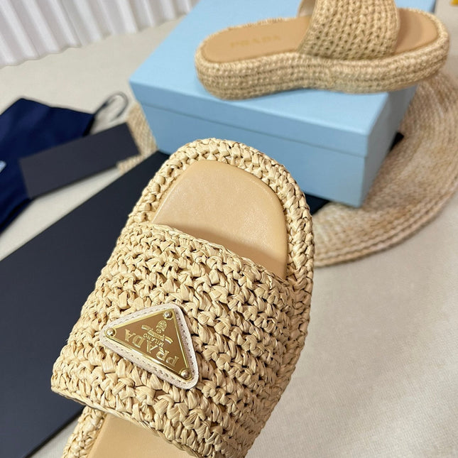 PRA WEDGE FLATFORM SLIDES BEIGE RAFFIA