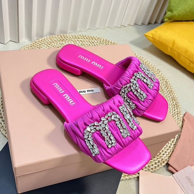 Women's Bright Pink Leather Diamond Slippers