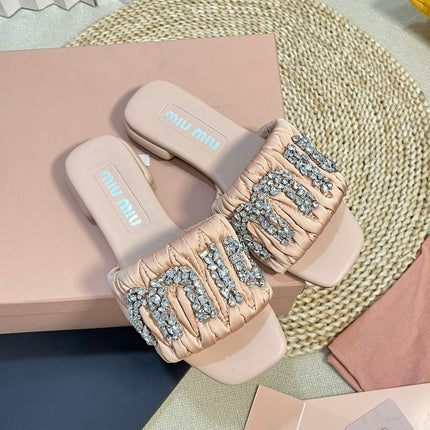 Women's Pastel Pink Leather Diamond Slippers