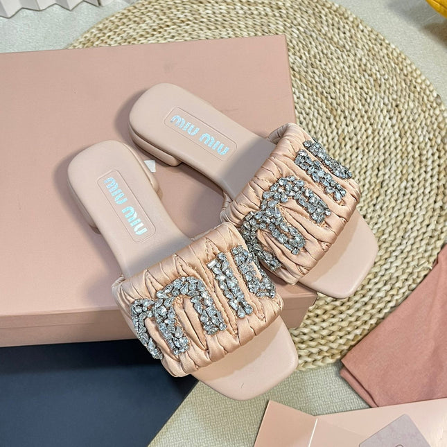 Women's Pastel Pink Leather Diamond Slippers