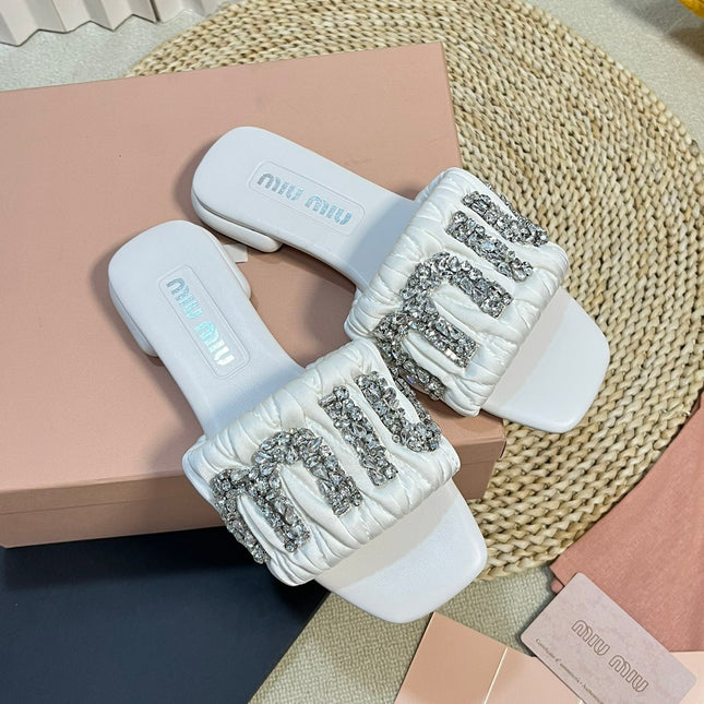 Women's White Leather Diamond Slippers