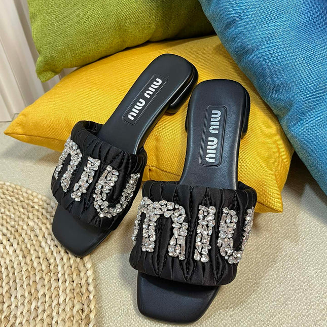Women's Black Leather Diamond Slippers
