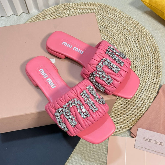 Women's Neon Pink Leather Diamond Slippers