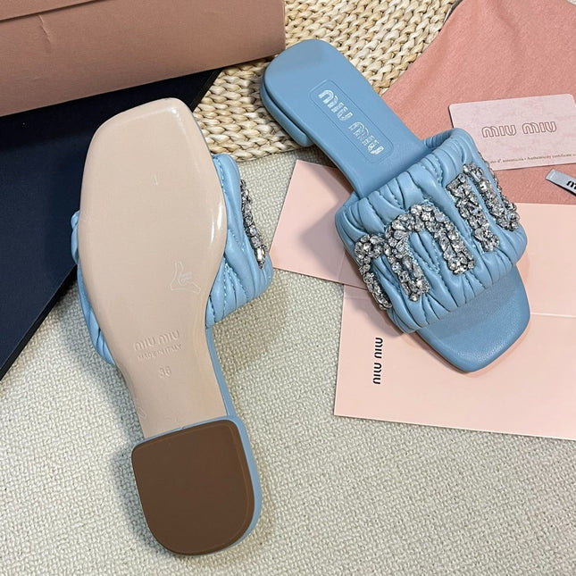 Women's Sky Blue Leather Diamond Slippers
