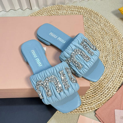 Women's Sky Blue Leather Diamond Slippers