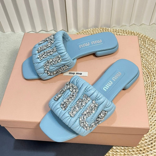 Women's Sky Blue Leather Diamond Slippers