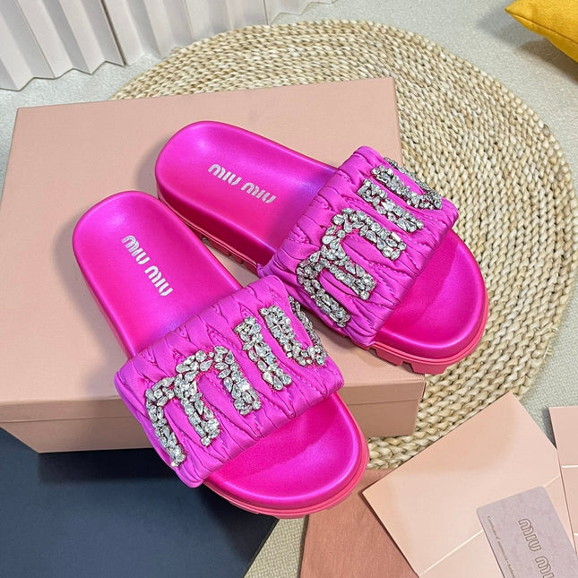 Bright Pink Sheepskin Diamond Slippers