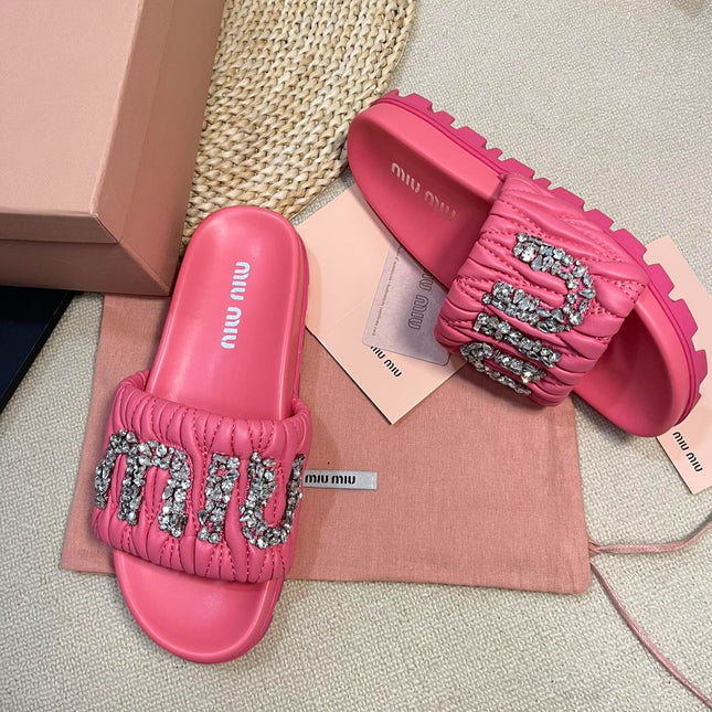 Neon Pink Sheepskin Diamond Slippers