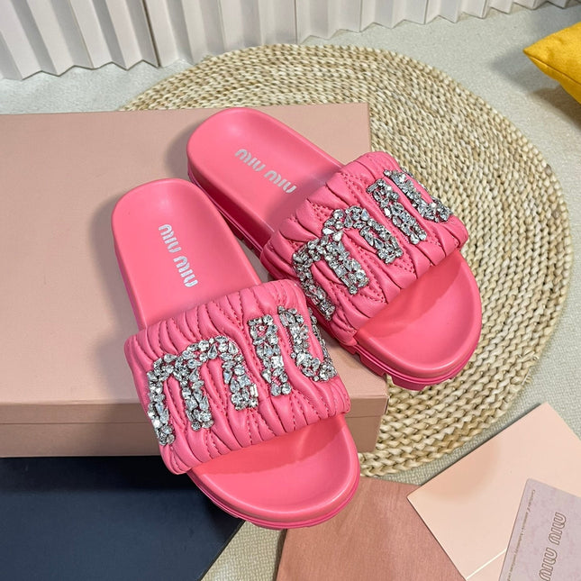 Neon Pink Sheepskin Diamond Slippers