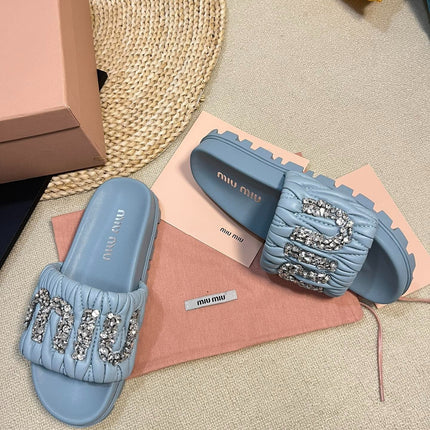 Sky Blue Sheepskin Diamond Slippers