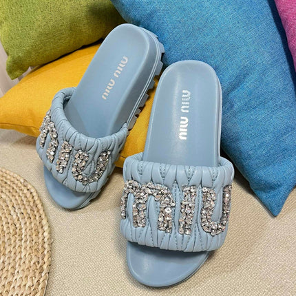 Sky Blue Sheepskin Diamond Slippers